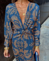 V-Neck Twist Front Midi Dress - Long Sleeve Paisley Print Cocktail Party Dress For Women