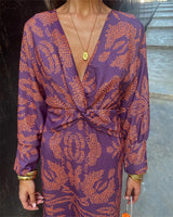 V-Neck Twist Front Midi Dress - Long Sleeve Paisley Print Cocktail Party Dress For Women