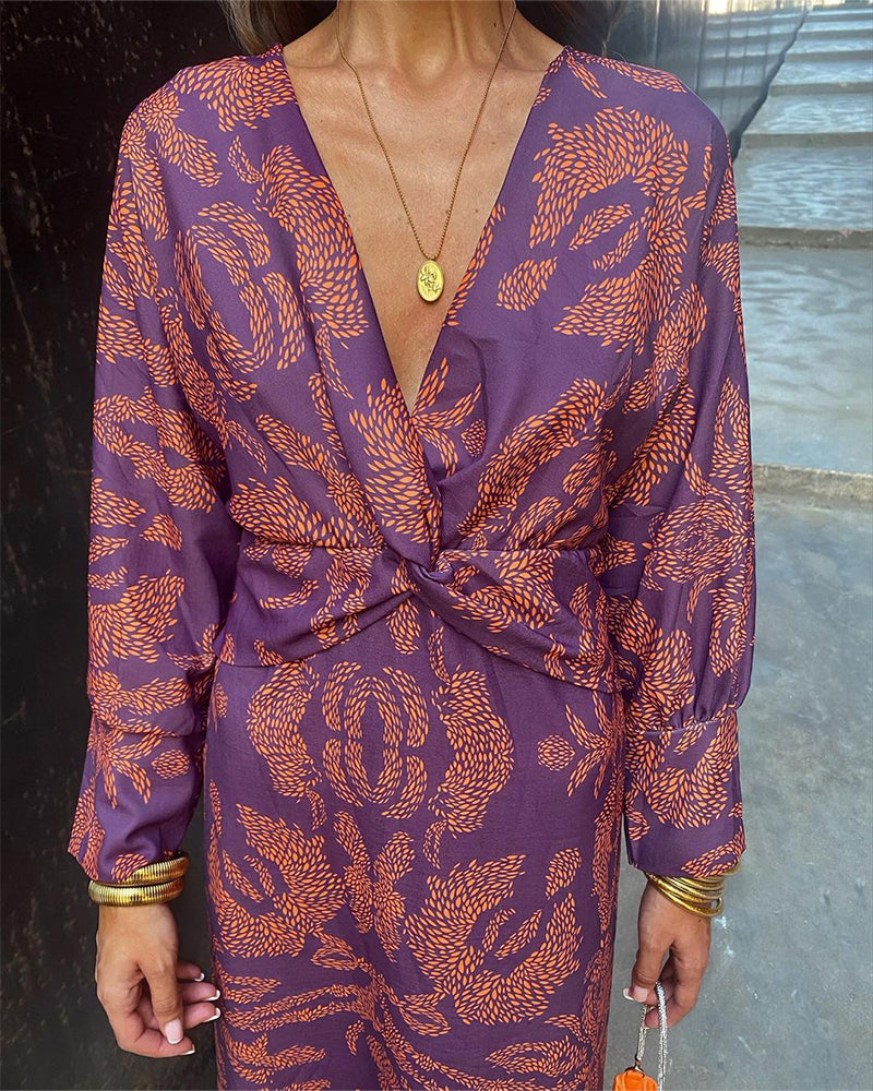 V-Neck Twist Front Midi Dress - Long Sleeve Paisley Print Cocktail Party Dress For Women