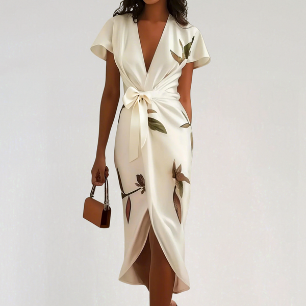 Satin Midi Dress with Floral Print – Flattering Wrap Design