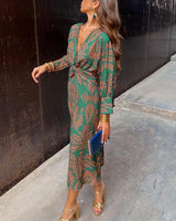 V-Neck Twist Front Midi Dress - Long Sleeve Paisley Print Cocktail Party Dress For Women