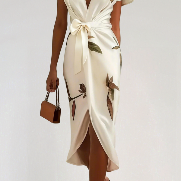 Satin Midi Dress with Floral Print – Flattering Wrap Design