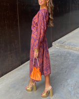 V-Neck Twist Front Midi Dress - Long Sleeve Paisley Print Cocktail Party Dress For Women