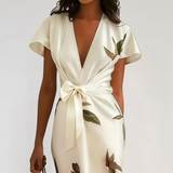 Satin Midi Dress with Floral Print – Flattering Wrap Design