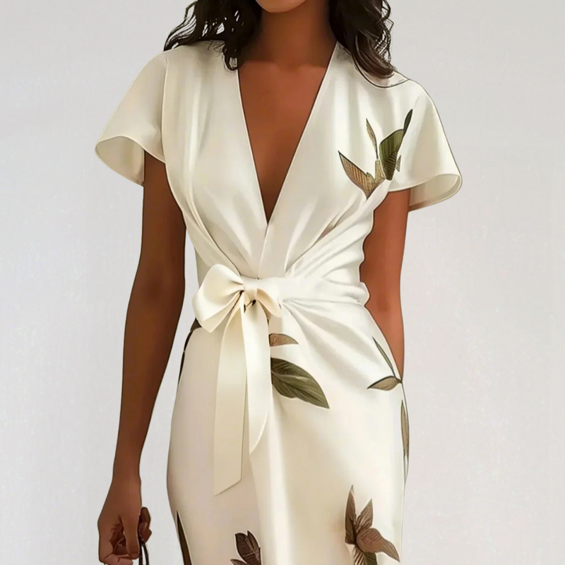 Satin Midi Dress with Floral Print – Flattering Wrap Design