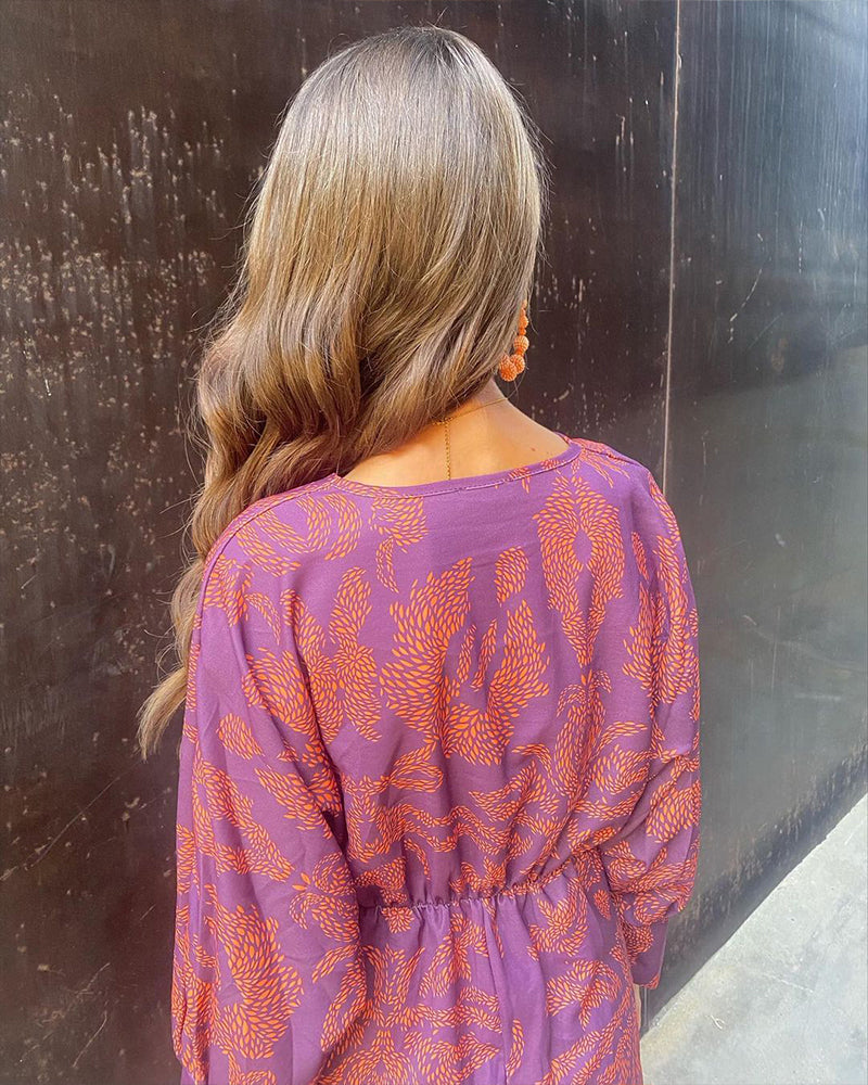 V-Neck Twist Front Midi Dress - Long Sleeve Paisley Print Cocktail Party Dress For Women
