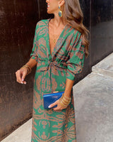 V-Neck Twist Front Midi Dress - Long Sleeve Paisley Print Cocktail Party Dress For Women