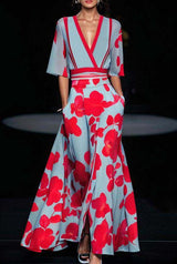 Women's Floral Print V-Neck Maxi Dress with Pockets & Elbow Sleeves