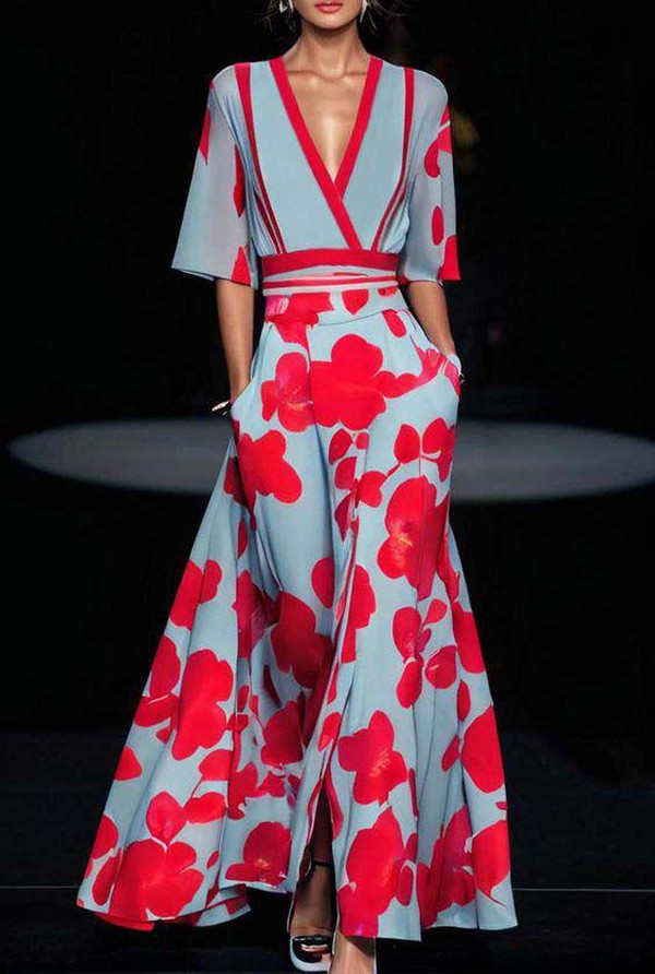 Women's Floral Print V-Neck Maxi Dress with Pockets & Elbow Sleeves
