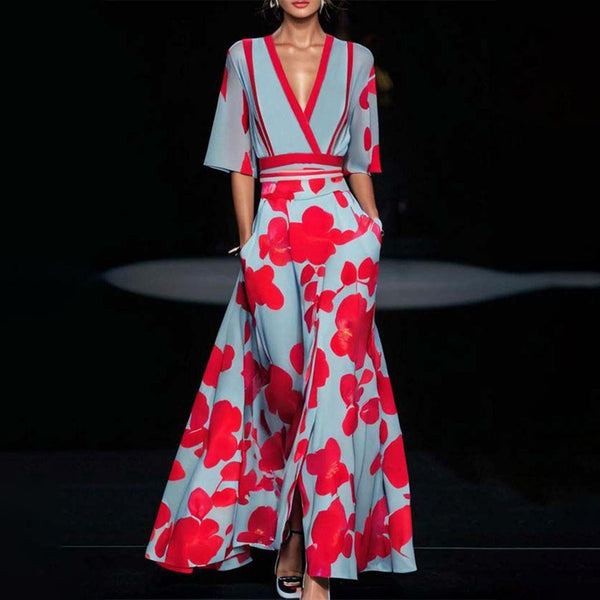 Women's Floral Print V-Neck Maxi Dress with Pockets & Elbow Sleeves