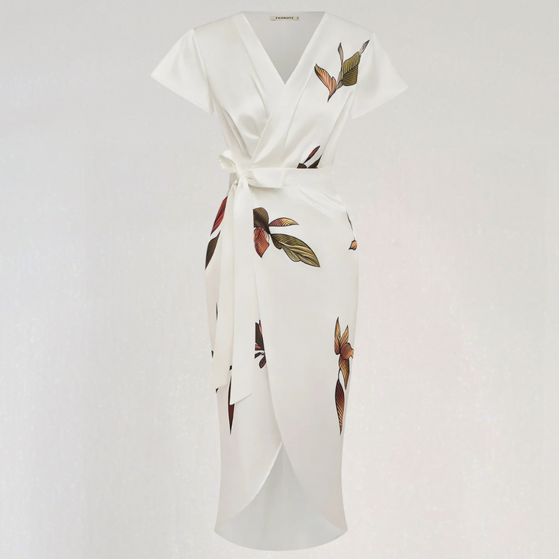 Satin Midi Dress with Floral Print – Flattering Wrap Design