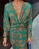 V-Neck Twist Front Midi Dress - Long Sleeve Paisley Print Cocktail Party Dress For Women