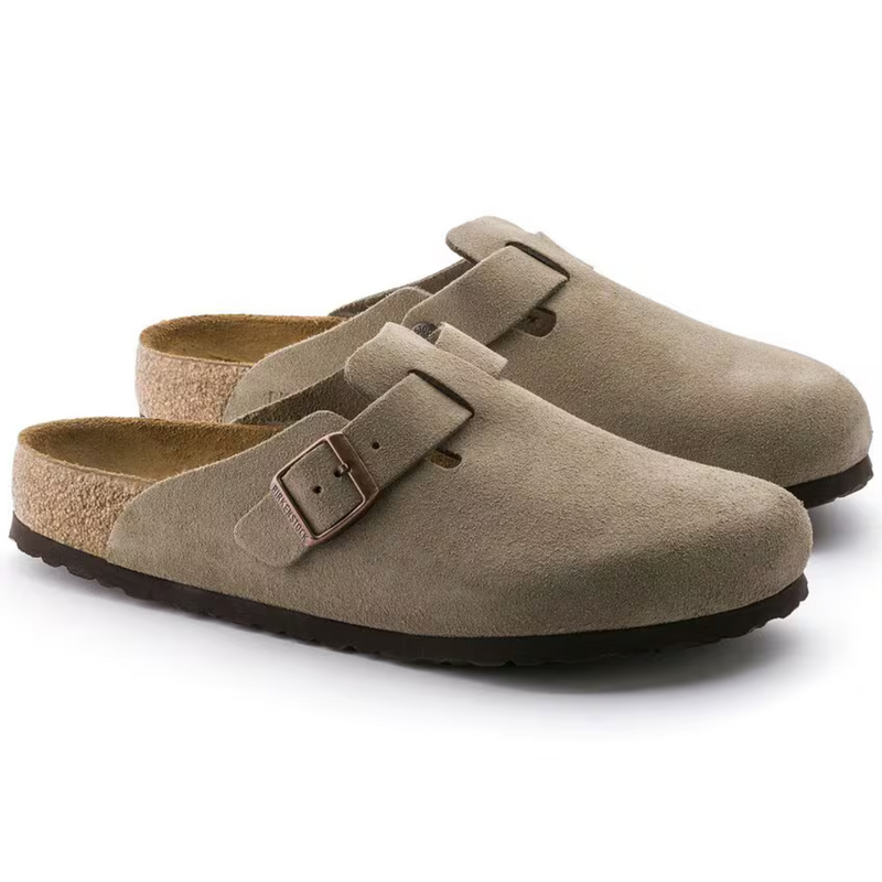 Boston Suede Clogs – Soft Anatomical Footbed & Year-Round Comfort in Natural Taupe Leather