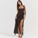 Women’s Melantha Dress – Adjustable Straps – Ruffle Detail – High Slit – Elegant Fit