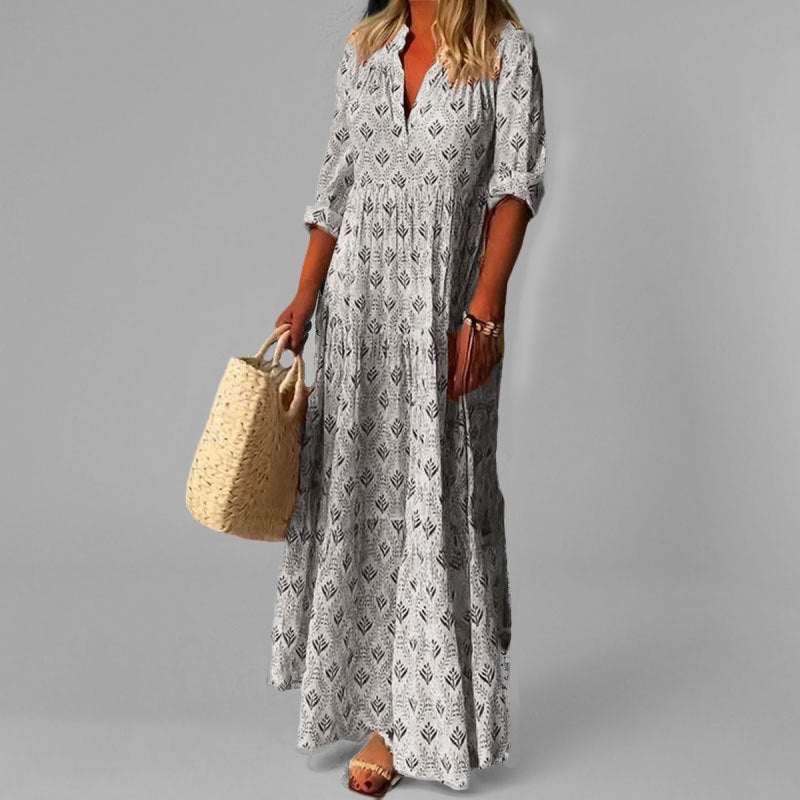 Women’s Maxi Dress – Lightweight – Loose Fit – V-Neck – Vintage Print – 3/4 Sleeve
