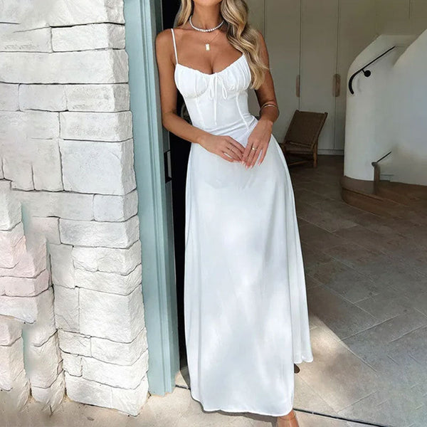 Women’s A-Line Dress – Satin Feel – Ruched Bodice – Strappy – Full Length Elegant Fit