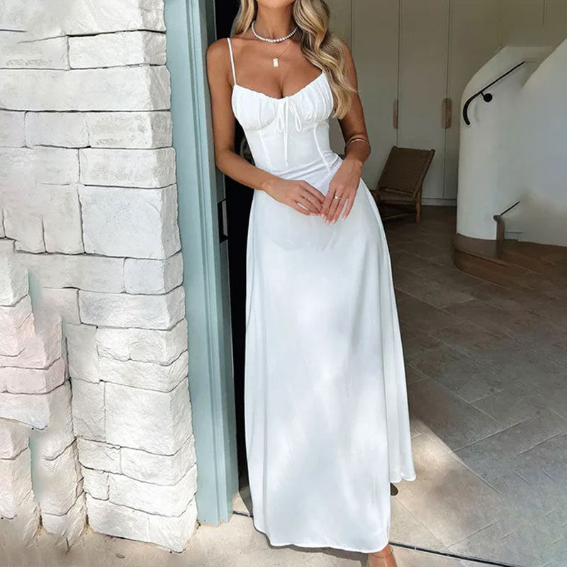 Women’s A-Line Dress – Satin Feel – Ruched Bodice – Strappy – Full Length Elegant Fit