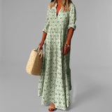 Women’s Maxi Dress – Lightweight – Loose Fit – V-Neck – Vintage Print – 3/4 Sleeve