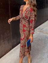 V-Neck Twist Front Midi Dress - Long Sleeve Paisley Print Cocktail Party Dress For Women