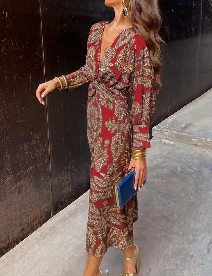 V-Neck Twist Front Midi Dress - Long Sleeve Paisley Print Cocktail Party Dress For Women