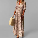 Women’s Maxi Dress – Lightweight – Loose Fit – V-Neck – Vintage Print – 3/4 Sleeve