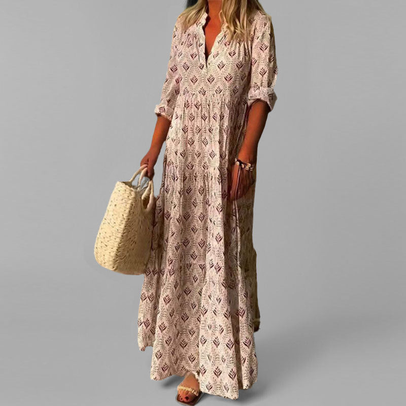 Women’s Maxi Dress – Lightweight – Loose Fit – V-Neck – Vintage Print – 3/4 Sleeve