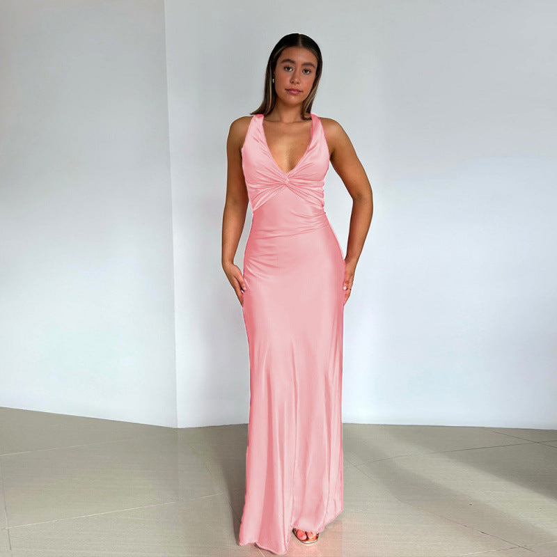 Women's Evening Gown - Satin Finish - Sleeveless Halter Neck - Elegant Formal Wear