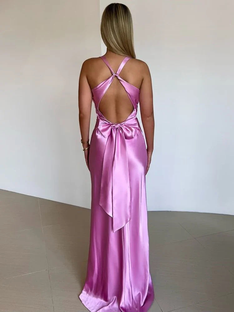 Women's Evening Gown - Satin Finish - Sleeveless Halter Neck - Elegant Formal Wear