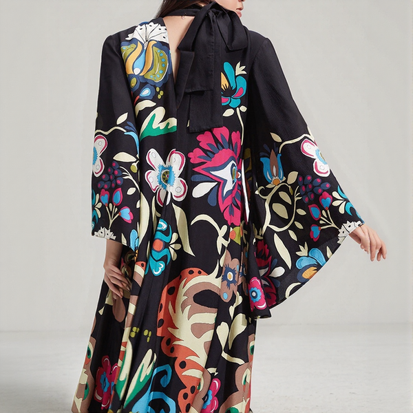 Bohemian Silk Kaftan Maxi Dress – Flowing Floral Kimono Style