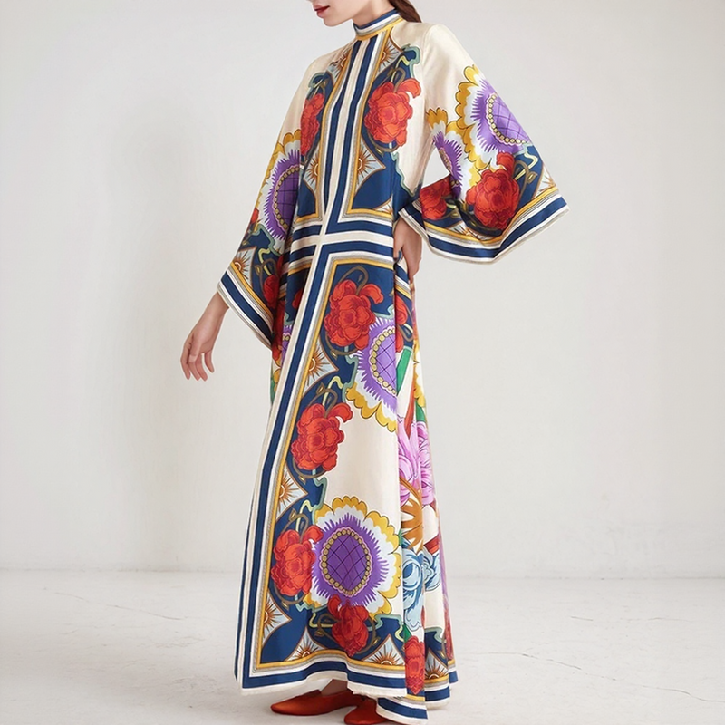 Bohemian Silk Kaftan Maxi Dress – Flowing Floral Kimono Style