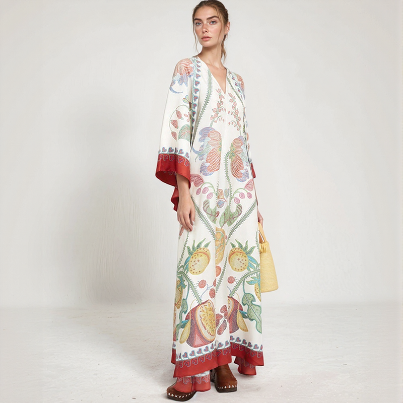 Bohemian Silk Kaftan Maxi Dress – Flowing Floral Kimono Style