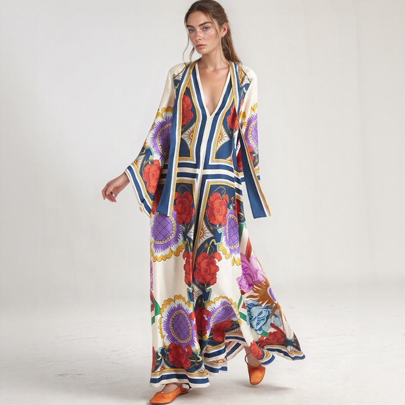 Bohemian Silk Kaftan Maxi Dress – Flowing Floral Kimono Style