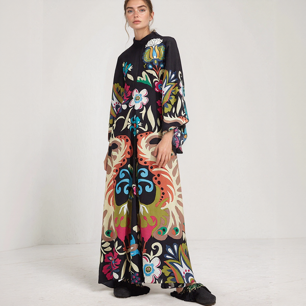 Bohemian Silk Kaftan Maxi Dress – Flowing Floral Kimono Style