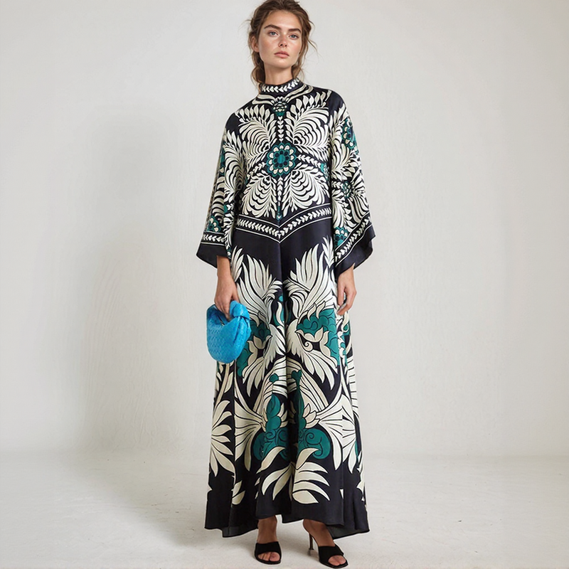 Bohemian Silk Kaftan Maxi Dress – Flowing Floral Kimono Style
