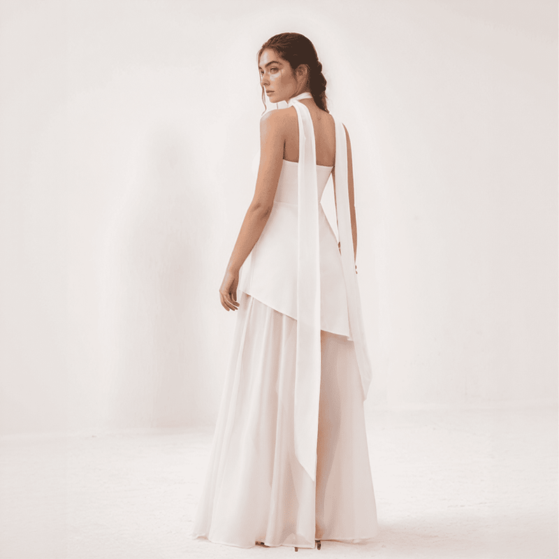 Celesta One-Shoulder Chiffon Gown with Draped Scarf Accent