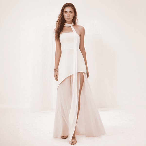 Celesta One-Shoulder Chiffon Gown with Draped Scarf Accent
