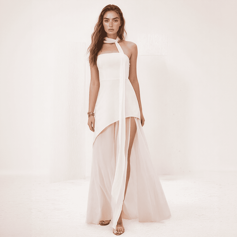Celesta One-Shoulder Chiffon Gown with Draped Scarf Accent