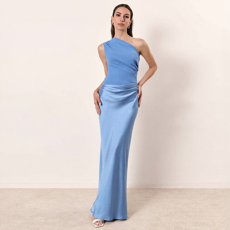 One Shoulder Pleated Maxi Summer Dress