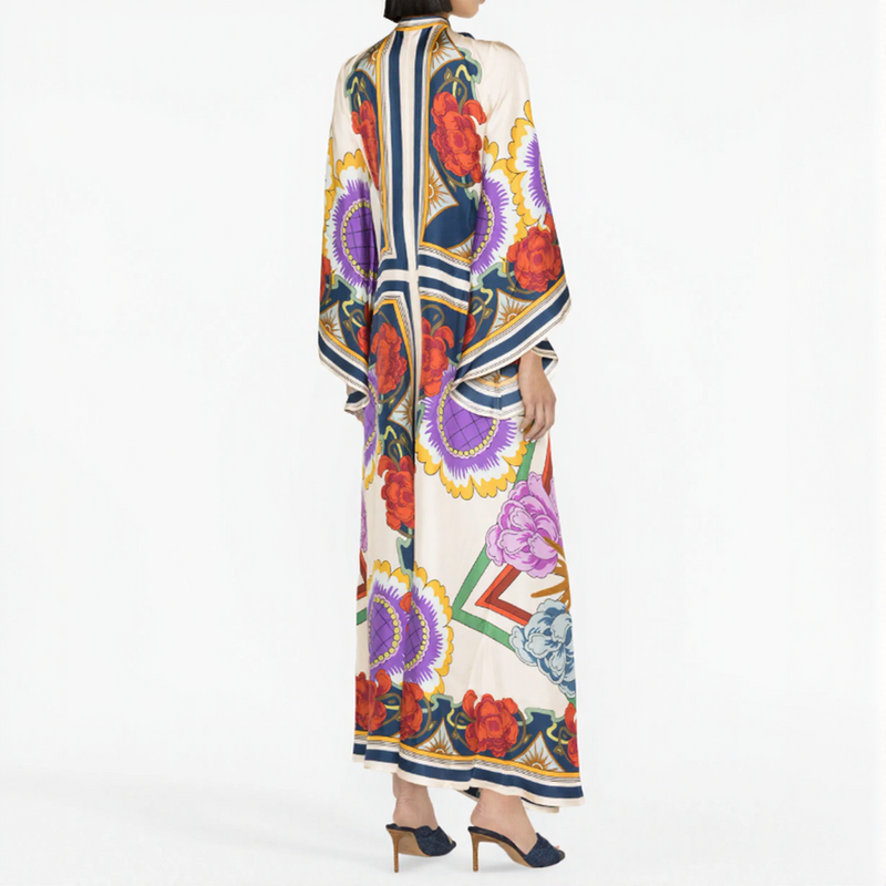 Bohemian Silk Kaftan Maxi Dress – Flowing Floral Kimono Style