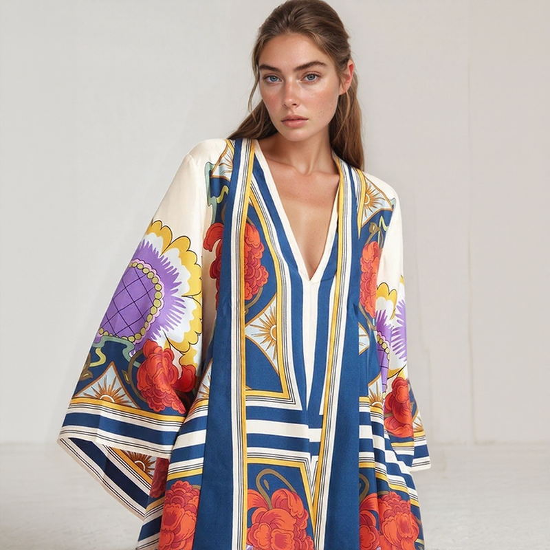 Bohemian Silk Kaftan Maxi Dress – Flowing Floral Kimono Style