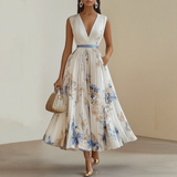 Elegant Pleated V-Neck Maxi Dress