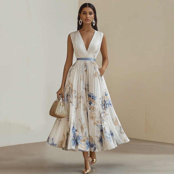Elegant Pleated V-Neck Maxi Dress