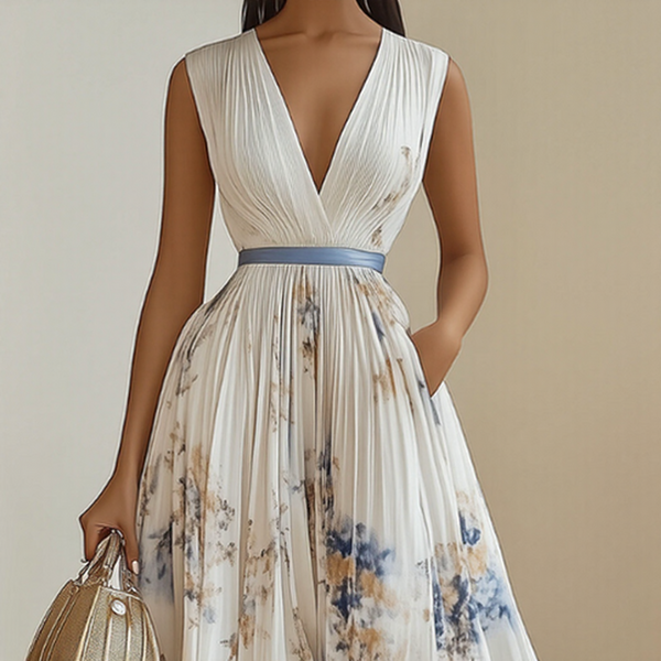 Elegant Pleated V-Neck Maxi Dress