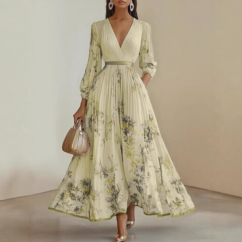 Elegant Pleated V-Neck Maxi Dress