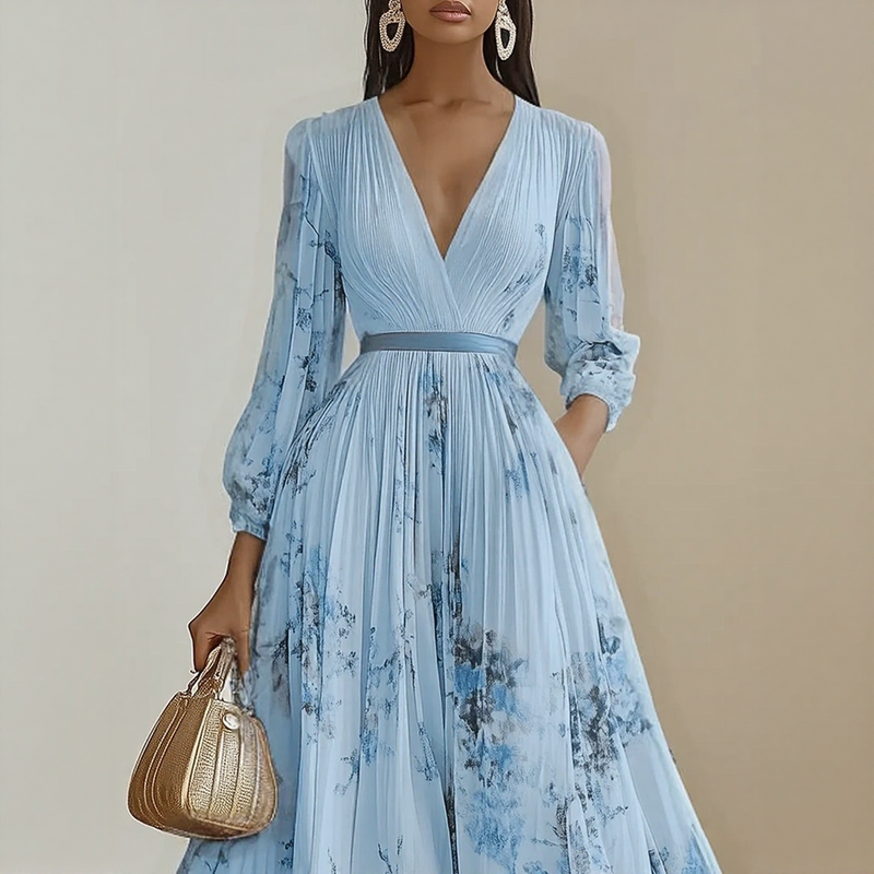 Elegant Pleated V-Neck Maxi Dress