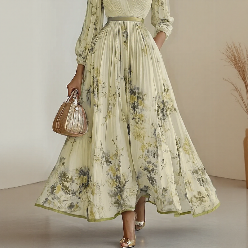 Elegant Pleated V-Neck Maxi Dress