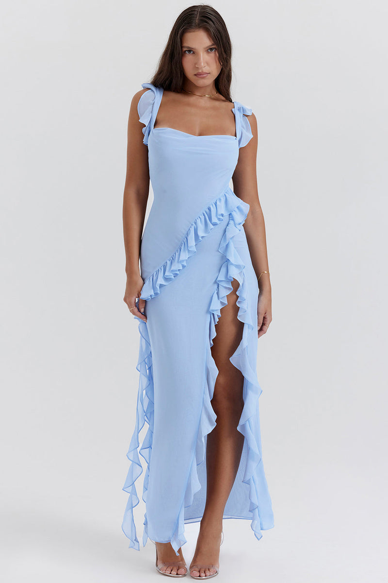 Women’s Melantha Dress – Adjustable Straps – Ruffle Detail – High Slit – Elegant Fit
