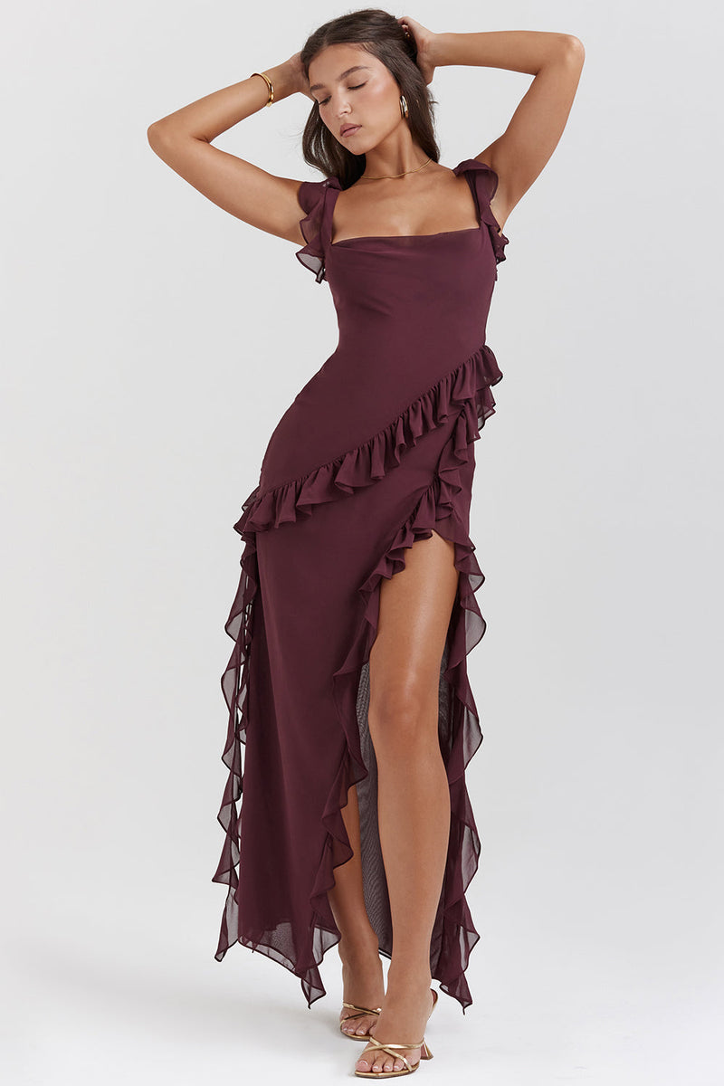 Women’s Melantha Dress – Adjustable Straps – Ruffle Detail – High Slit – Elegant Fit