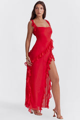Women’s Melantha Dress – Adjustable Straps – Ruffle Detail – High Slit – Elegant Fit