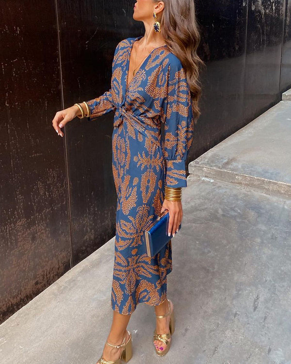 V-Neck Twist Front Midi Dress - Long Sleeve Paisley Print Cocktail Party Dress For Women
